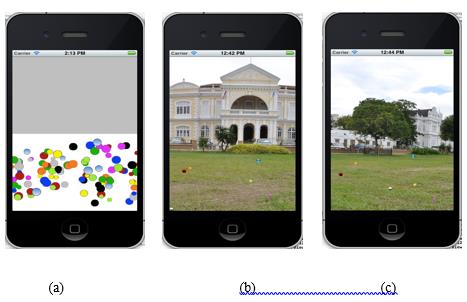 Fig. 7. Modelling of 200 virtual agents is
      represented by paticles that move randomly under proxy-based collision avoidance algorithm in
       3600 panoramic view. (a) Without panoramic azimuthal zones, (b) and (c) With
      different panoramic azimuthal zones.